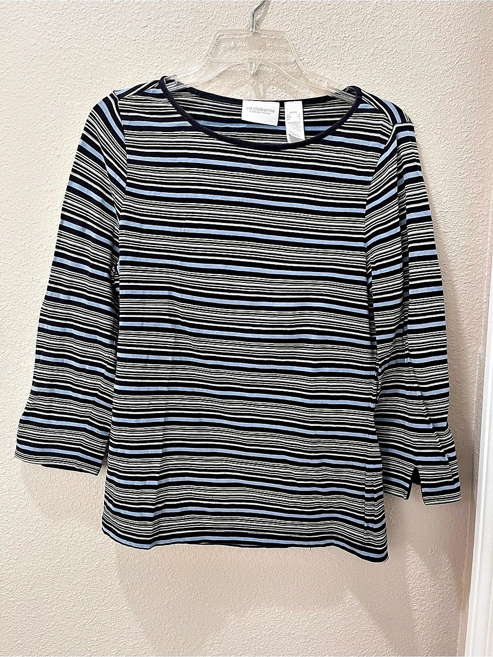 Liz Claiborne Striped Long Sleeve Top in Blue & Black Size Small Petite EUC